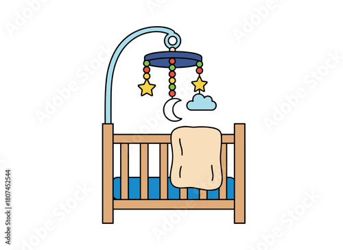 A hand‑drawn, colorful, child‑friendly cot in flat vector illustration, featuring a baby carousel with hanging toys above a wooden bed, isolated on a white background, depicting comfortable kids'