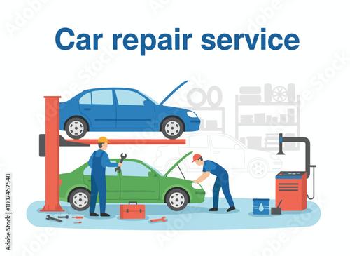 A professional mechanic in overalls is illustrated in a flat vector style at a car repair service, while a colorful man and woman conduct diagnostics, lift, and oil changes, all set against a white