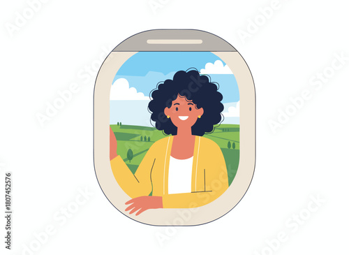 A cheerful traveler gazes through a porthole at the earth below while flying, a delighted female tourist enjoying the aerial view in a plane, depicted in flat vector style