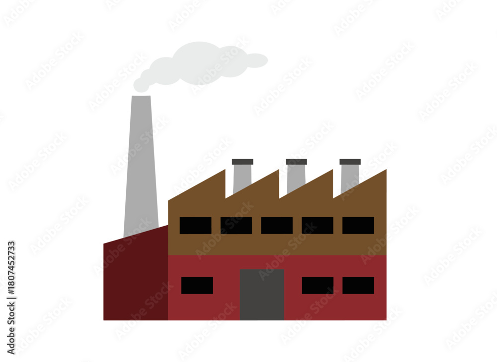 Obraz premium A contemporary factory with a smoke-emitting pipe stands alone against a white backdrop, depicted as a colorful flat-style cartoon illustration of modern industrial architecture