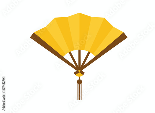 A paper hand fan from Asia featuring fringe decoration, a Japanese souvenir that folds to cool the air, a traditional oriental handheld accessory, presented as a flat vector illustration on a white