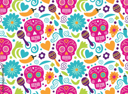A vibrant seamless pattern featuring Mexican sugar skulls, a Catrina face, flowers, and maracas set against a white background, serving as a Day of the Dead backdrop in a colorful vector illustration