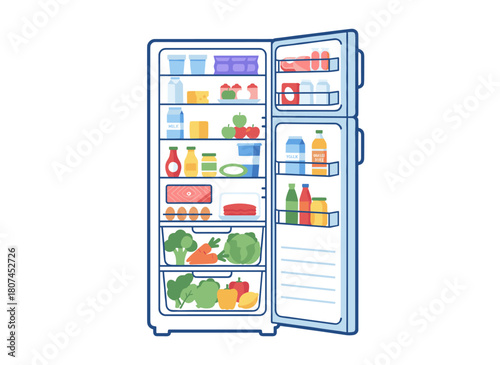 A modern, open fridge brimming with diverse foods—fruits, veggies, meats, dairy, desserts, and everyday meals—along with its freezer, depicted in a vibrant flat illustration