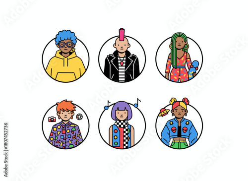 Set of stylish, confident girl avatars featuring fashionable female characters, quirky face portraits, modern trendy women in circular frames with tattoos and piercings, presented as flat vector