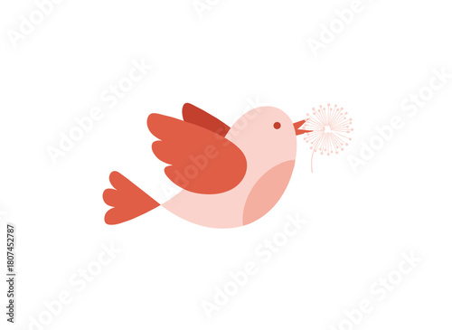 A charming pink bird clutching a branch with red winter berries stands alone against a white backdrop, rendered in a colorful flat vector illustration