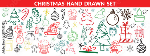 Christmas hand drawn set.Christmas hand drawn cute vintage doodle elements. Christmas tree, gift, star, bows, candy cane, baubles, cacao, confetti, snowflake, holly. Holiday retro decorations. Vector 