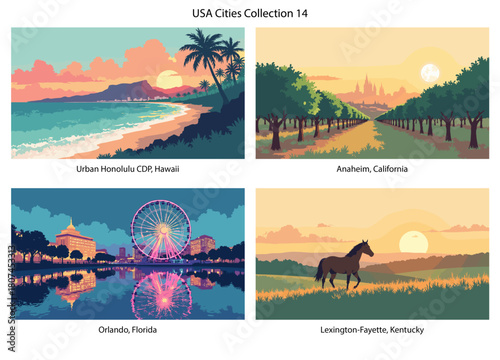 Urban Honolulu CDP, Hawaii, Anaheim, California, Orlando, Florida, Lexington-Fayette, Kentucky Flat Vector Poster Collection