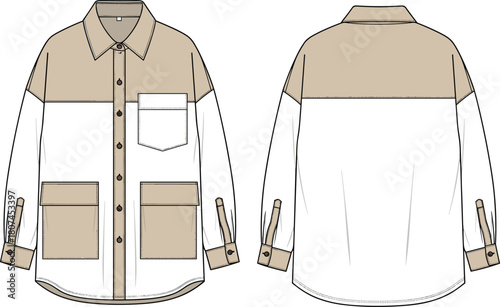 Color-blocked button-up shirt, flat vector illustration, fashion garment, technical sketch, front and back view, apparel design, pocket detail, sleeve strap