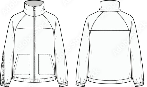 High collar jacket, raglan sleeve coat, technical fashion sketch, front and back view, patch pocket, vector garment design, flat vector illustration