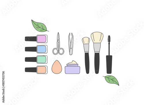 A manicure accessory set featuring nail art and care tools such as professional beauty instruments, a file, scissors, clipper, cuticle nipper, and varnish gel, illustrated as flat vectors on a white
