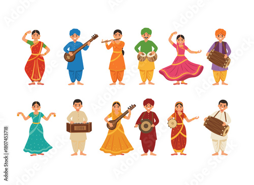 A collection of vector flat illustrations featuring Indian street cartoon artists, depicting smiling musicians and dancers in traditional attire playing instruments against a white background
