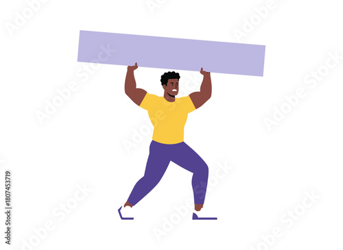 A young man installs a blank banner, holding a clean billboard, fixing an empty signboard, and attaching a clear placard to a wall, seen from behind, in a flat vector illustration on a white