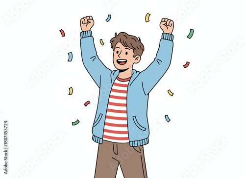Joyful, triumphant man celebrating victory, smiling and raising his fist in a flat vector illustration on a white background