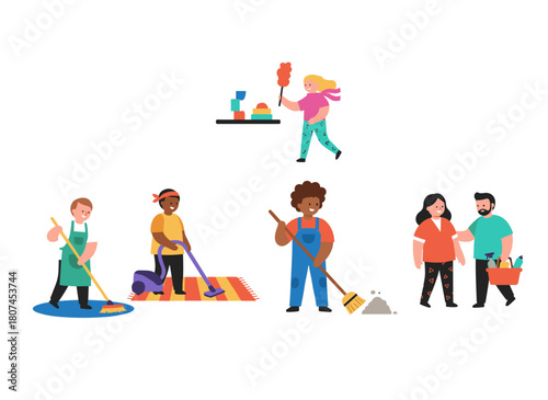 A flat cartoon vector illustration featuring smiling male and female cleaning staff, including home cleaners or housekeepers, holding floor polishing machines, mops, and wipers, all isolated against