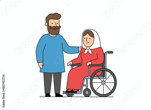 A woman with a disability sits in a wheelchair while her partner or friend stands beside her; a female character with a physical impairment is shown with her husband in a flat, colorful cartoon