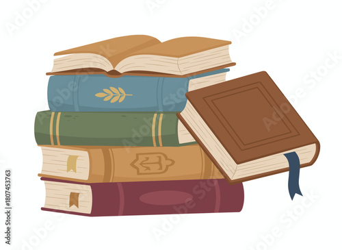 A vertical stack of old hardback historical books with bookmarks set against a white background, depicted as a colored hand‑drawn vector illustration in a vintage style