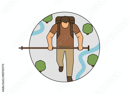 A male tourist with a backpack rides a bicycle from a top‑down perspective, shown as a flat vector illustration on a white background