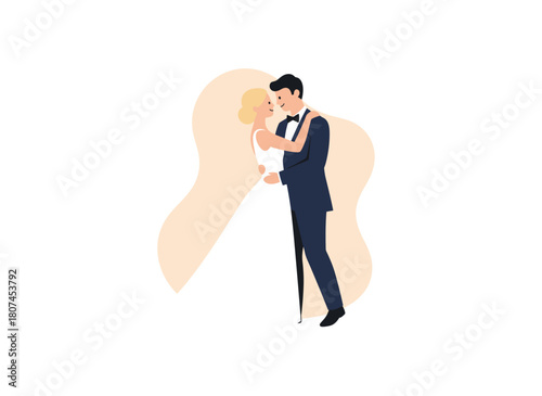 Cute newlyweds dancing together on a bright background, celebrating their first dance at a wedding party, depicted in a modern flat cartoon colorful vector illustration