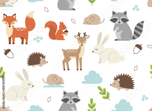 A seamless pattern featuring various adorable cartoon forest animals—squirrel, hedgehog, fox, deer, rabbit, raccoon—against a white background, rendered as a flat vector illustration suitable for