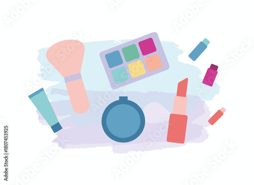 A square background featuring fashion cosmetics, makeup artist items, and watercolor splashes, illustrated in vector hand‑drawn style with space reserved for text