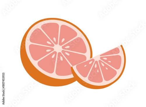 A grapefruit slice cut to reveal juicy fresh segments, a healthy vitamin-rich tropical citrus fruit, illustrated as a flat vector image on a white background