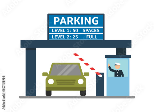 A car approaches a parking entrance with a barrier, where a guard in a booth opens the gate to allow the driver into the paid parking lot, depicted as a colored flat cartoon vector illustration of an