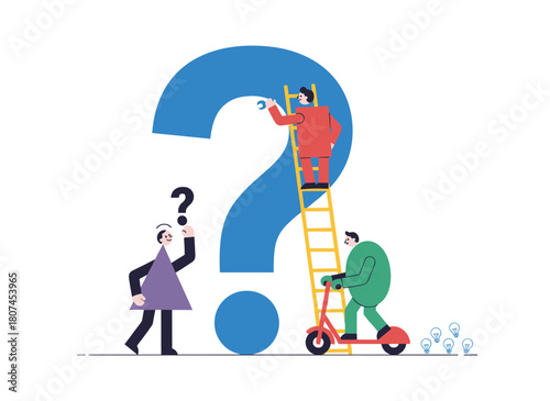A giant question mark and exclamation point with tiny people, illustrating the concept of FAQs, user manuals or guides, customer support, and searching for useful information to solve problems