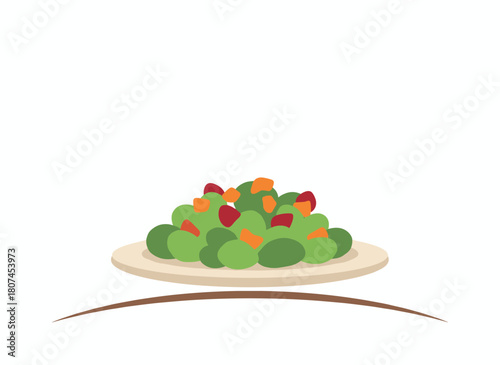 A vegan salad composed of fresh vegetables and lettuce, served on a plate as a restaurant meal, illustrated as an abstract portion in a flat vector image against a white background