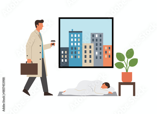 A melancholy, drowsy clerk clutching a paper coffee cup, heading to work while dreaming of sleep, depicting morning fatigue, exhaustion, and drowsiness of an office worker in a flat cartoon vector