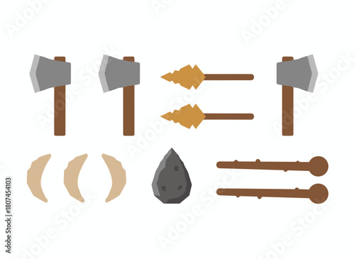 A set of ancient stone implements, including rock weapons and gear used by early humans or cavemen for hunting, fire-starting, and manual tasks, depicted in a flat, colorful cartoon illustration