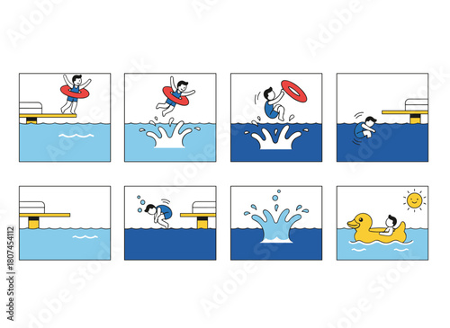 A flat vector illustration showing various people—men, women, and children—in swimwear, sinking in water against a white background, with a frightened individual trying to survive by splashing or