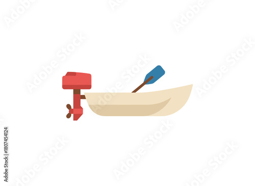 A wooden rowing boat with a paddle, used for water transport on lakes and rivers, featuring seats for leisure, depicted as a flat vector illustration on a white background