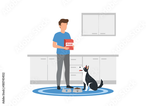 A cheerful young man feeds his cat, holding food for his pet in a bright, flat cartoon vector illustration of everyday home life