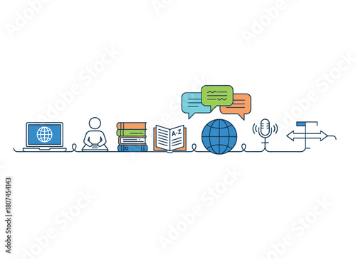 A monochrome banner depicting hands typing on a laptop keyboard and writing on paper, illustrated with contour lines against a white background, featuring foreign language translations in a lineart