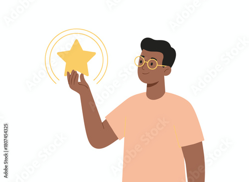 A man clutching a star in his hand, embodying inspiration, creativity, discovery, and fresh ideas, gazes at wonder and light as a smart, inspired character in a flat vector illustration set against a