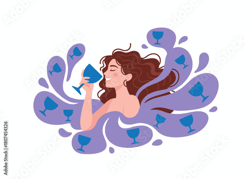 Illustration of a woman addicted to alcohol, sipping boozy shots and feeling buzzed, depicted as a flat vector on a white background, capturing themes of addiction, abuse, and booze