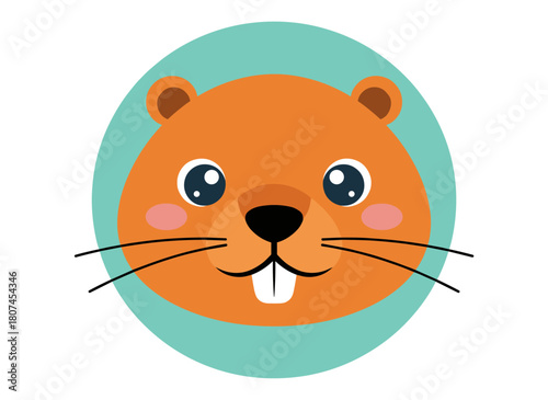 Flat vector illustration of a cute beaver snout against a colorful cartoon background, featuring a close‑up of its face on a decorative backdrop, suitable for a playful zoo card design