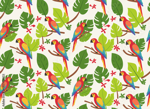 Seamless pattern featuring exotic parrots, jungle birds among leaves, a repeating print of tropical parakeets and cockatoos, with a colorful flat vector illustration suitable for textiles and