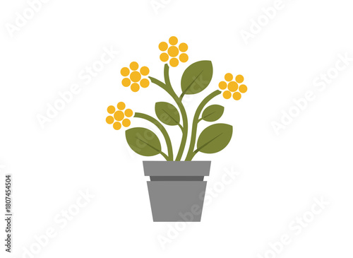 A potted indoor plant featuring blooming flowers and foliage, displayed as a decorative element with blossoming buds, rendered as a flat vector illustration against a white background