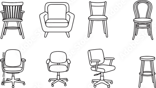 Set of different types of chairs and seats line art collection