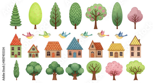 A delightful vector art collection featuring various stylized trees, quaint houses, and colorful birds, perfect for whimsical landscape illustrations and charming design projects