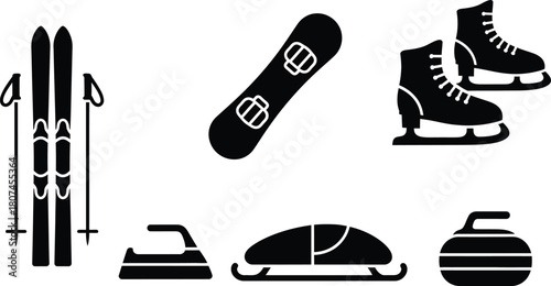 : Winter sports glyph icon set. Vector pictograms of ski, snowboard, ice skate, bobsled, curling stone, black sign silhouette illustration.