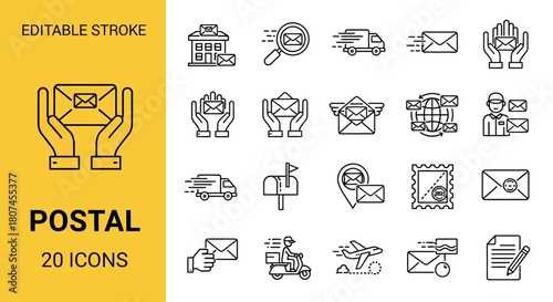 Sleek Line Icon Collection for Postal Services and Mail Delivery – Modern Vector Outline Symbols Representing Shipping, Logistics, and Communication