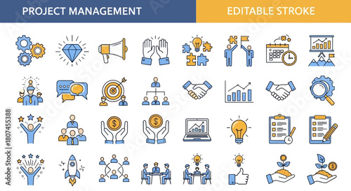 Project Management Icons Editable Stroke Collection for Business and Strategy