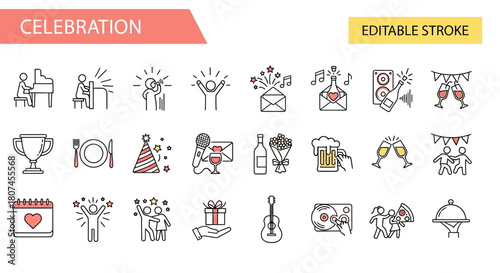 A versatile collection of sleek celebration and party event line icons. Vector symbols for festivals, holidays, and anniversary designs with editable strokes