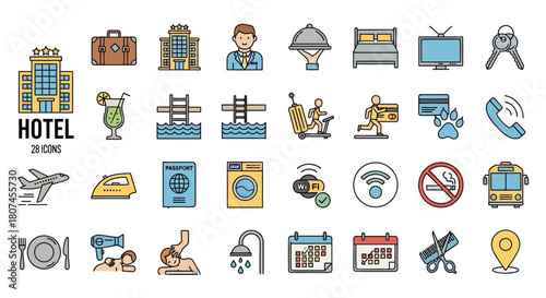 Set of 36 hotel and travel icons in a clean, modern, and artistic line style, perfect for digital and print use