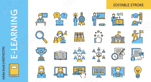 A sleek line collection of modern e-learning icons illustrating online education concepts, digital knowledge acquisition, and remote study processes