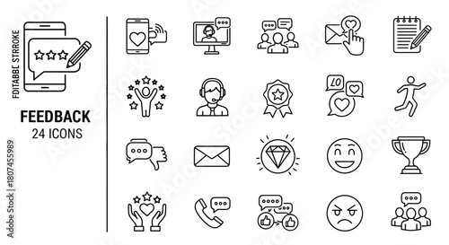 Diverse collection of 24 line icons representing feedback, customer satisfaction, and communication for graphic design