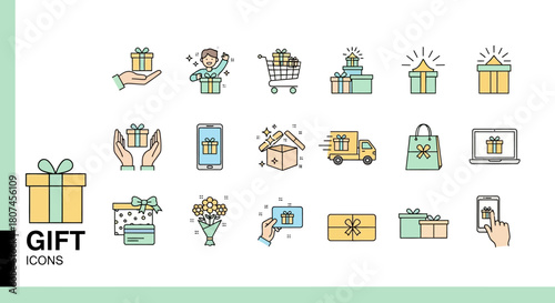 Sleek line icon collection featuring presents, shopping carts, and delivery services for web and mobile applications