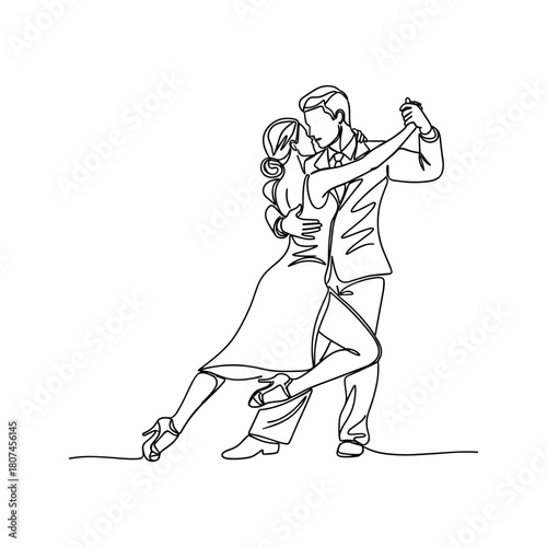 Elegant couple dancing a passionate tango in a continuous line drawing
